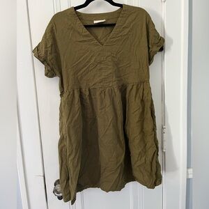 Linen Olive Green V-Neck Dress with pockets